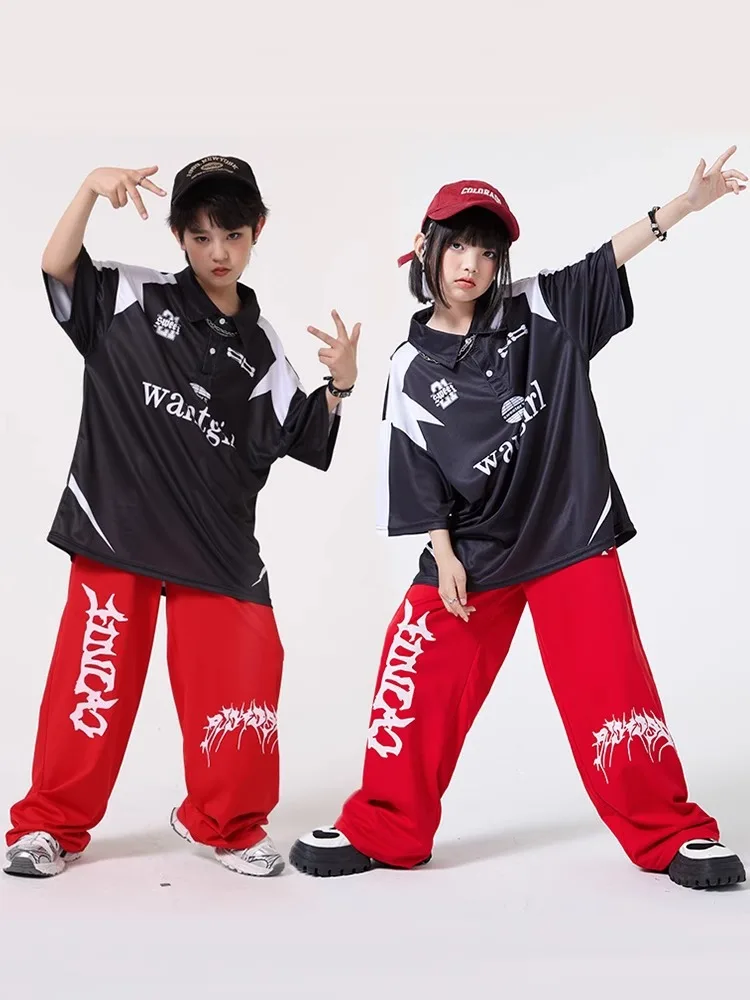 

Kid Hip Hop Clothing Black Print Oversized Polo Neck T Shirt Red Casual Wide Sweat Pants for Girl Boy Jazz Dance Costume Clothes