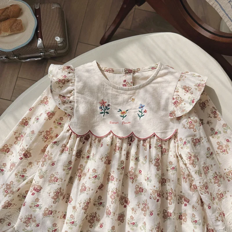 Girls' Vintage Floral Dress - French Lace Trim Long Sleeve Ruffle Hem Party Gown for Autumn Princess Dress for Girls