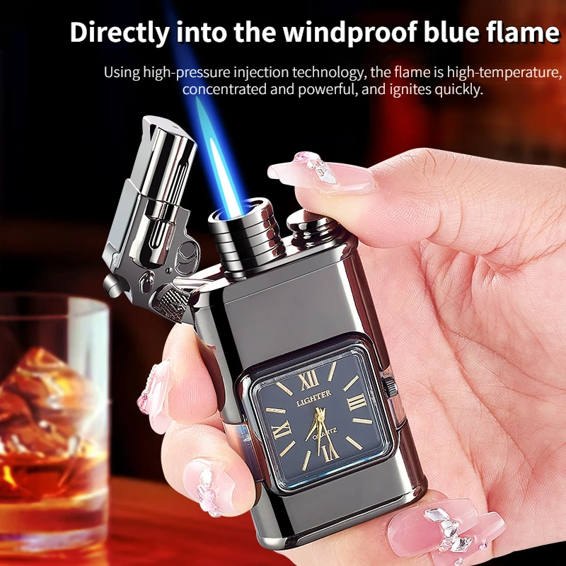 Best-selling Men\'s Double Fire Embossed Watch Lighter Creative Metal Inflatable Back Visible Air Chamber Gift Cigarette Lighter