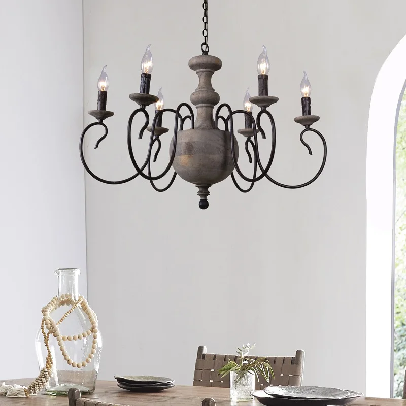 

French pastoral creative gourd chandelier, solid wood dining room living room lamp, simple American retro room decorative