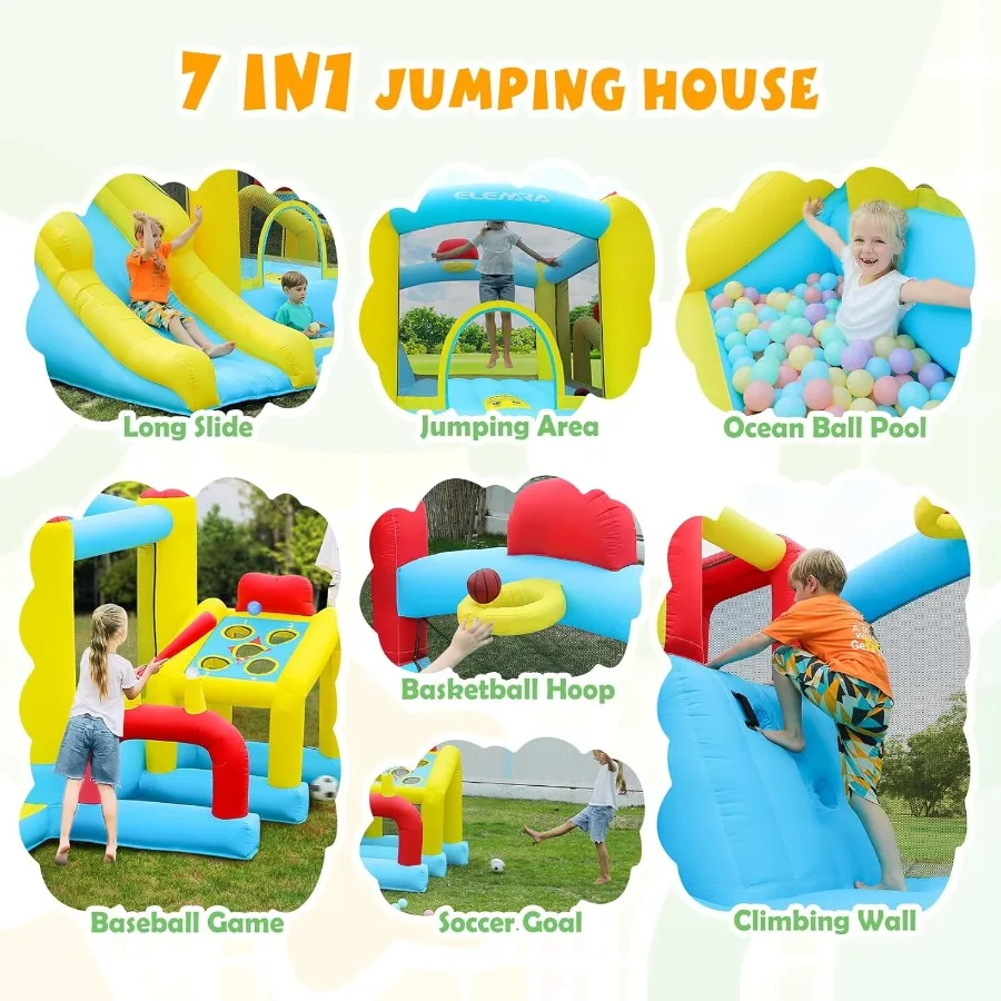 Maison gonflable de rebond, maison gonflable 7 en 1 avec souffleur, maison de rebond pour enfants avec toboggan, zone de saut, zone de baseball/football, panier