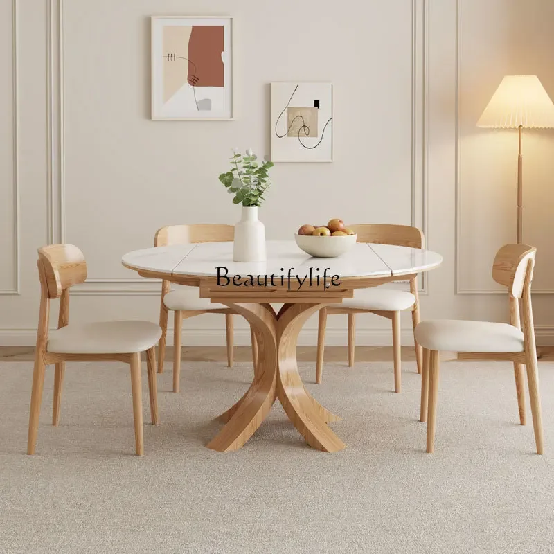 

New Chinese-style solid wood rock slab dining table retractable round table small apartment square and round dual-purpose