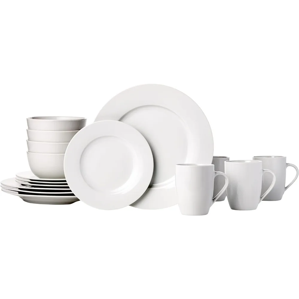 

Basics 16-Piece Porcelain Kitchen Dinnerware Set with Plates, Bowls and Mugs, Service for 4 - White