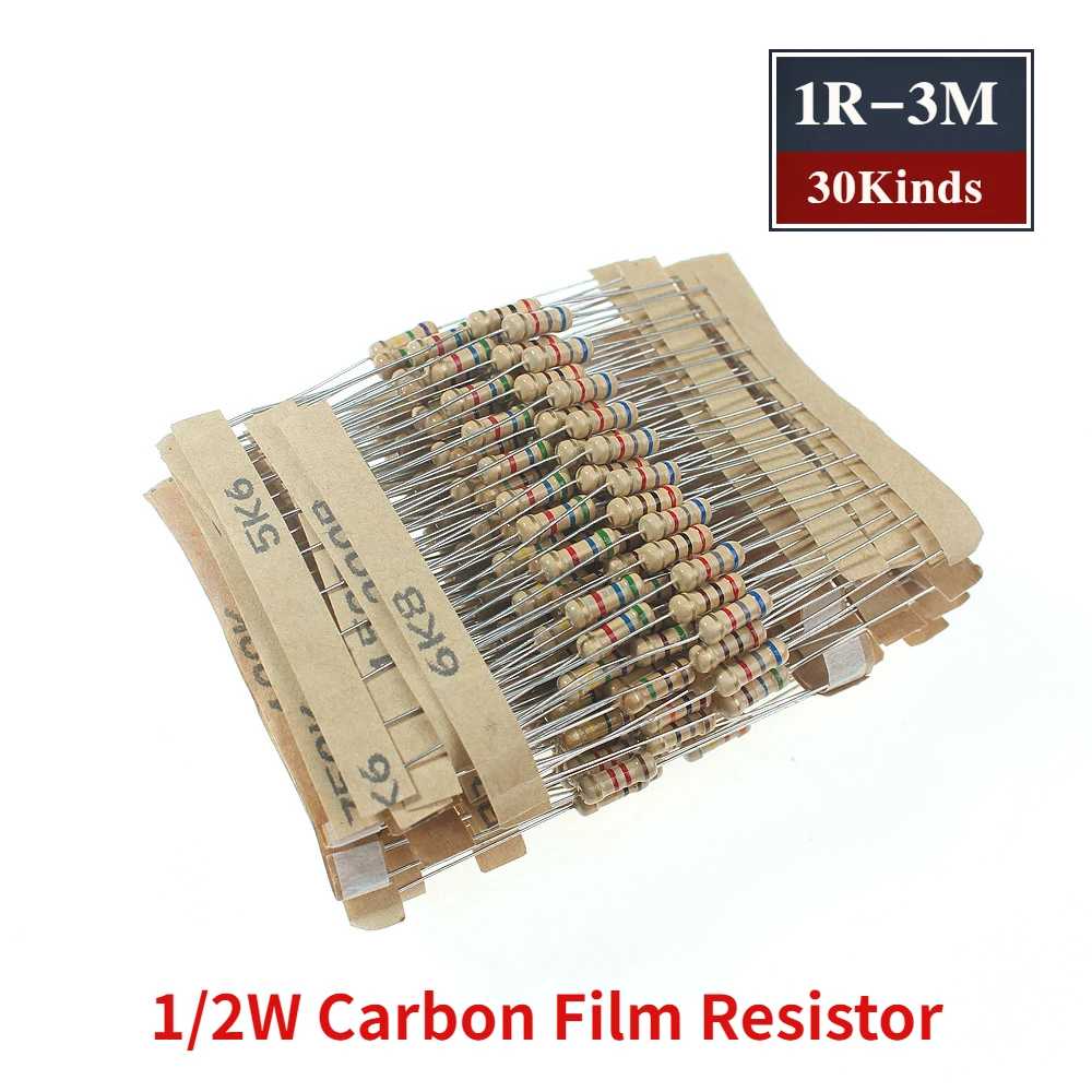 

300pcs 1/2W Resistor 30 Kinds 0.5w Carbon Film Resistor Set Resistance 5% 1 Ohm - 3M Color Ring Resistance Assortment Kit