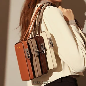 Luxury Design Phone Bag Woman Portable Genuine Leather Cross-body Bag Custom Name Fashion Casual Lady Shoulder Bag Card Wallet