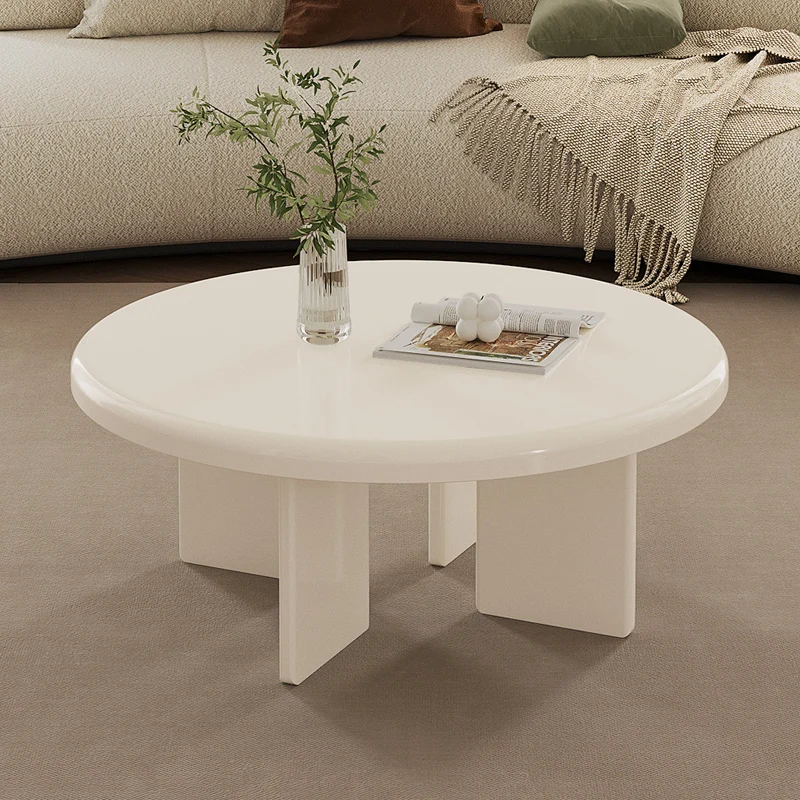 

Round coffee table TV cabinet combination simple modern milk white TV cabinet floor cream wind living room small tea table