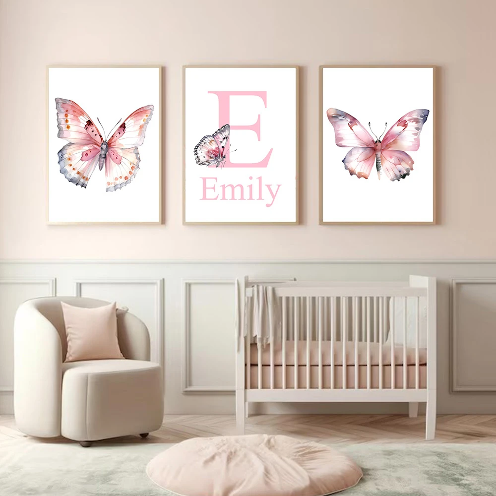 

Baby Custom Name Canvas Wall Art Painting Pink Butterfly Poster Nursery Art Prints Nordic Wall Pictures Kids Girls Room Decor
