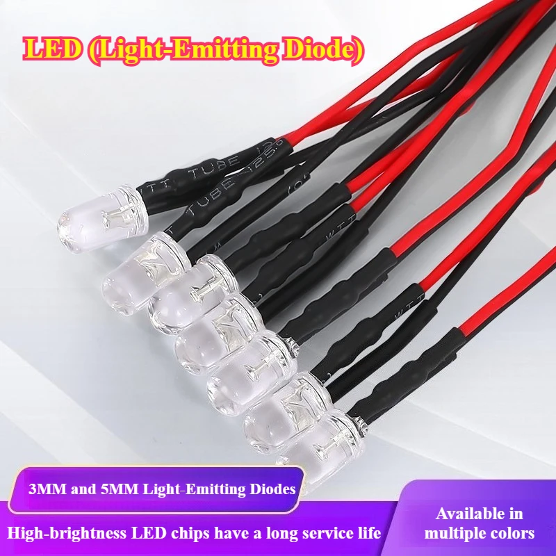 5Pcs 3MM, 5MM High-Brightness LEDs (5V, 12V) with Wires—Model Decorative Toy Car Indicator Lights Cord Length: 20 Cm