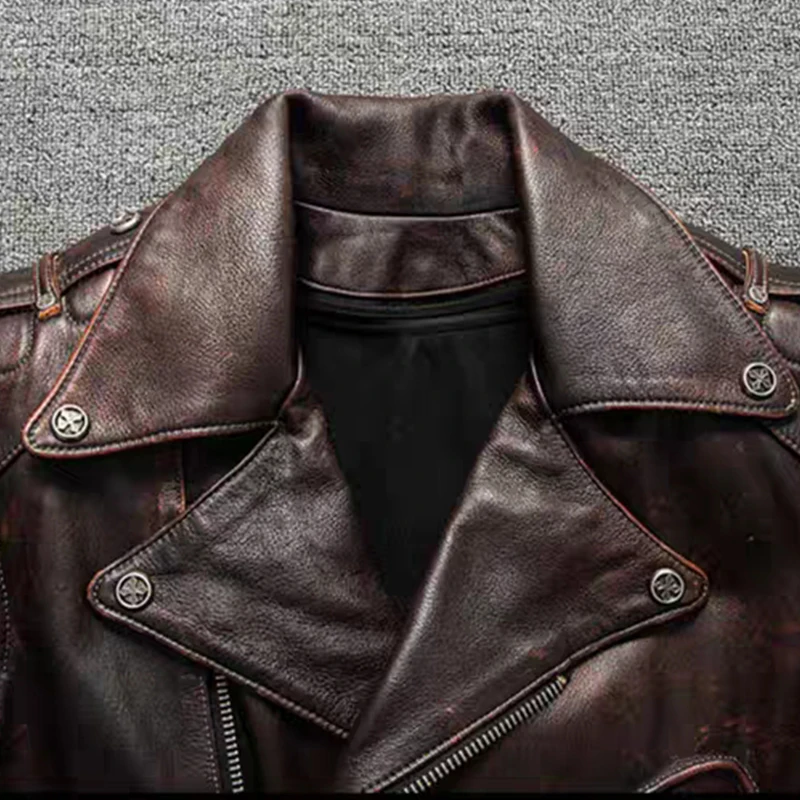 Top Layer Cowhide Leather Jacket Retro Brown Calfskin Motorcycle Suit Men\'s Slim Heavy Industry Leather Motorcycle Riding Jacket