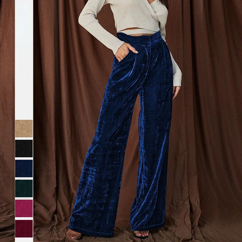 

Solid Color High Waisted Casual Pants Women's Pleuche Wide Leg Pants