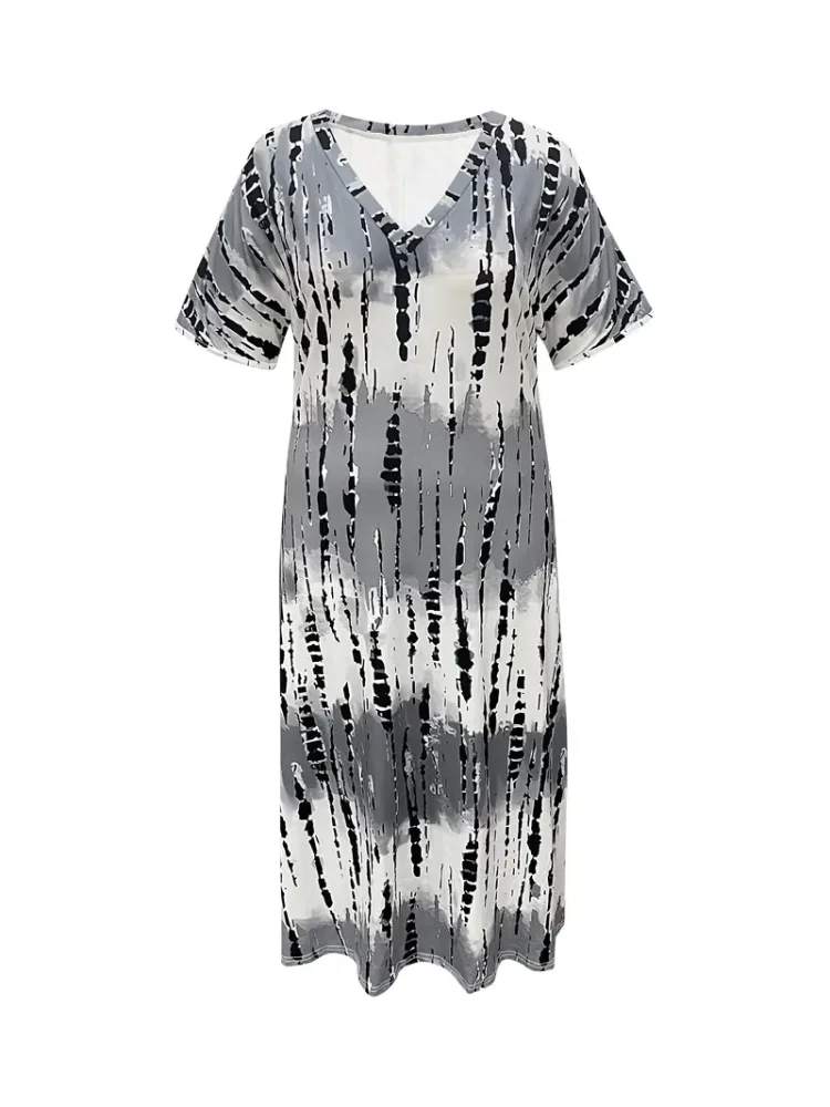 Plus Size Tie Dye V Neck Split Dress Vacation Style Sukienka z krótkim rękawem na wiosnę i lato Odzież damska Plus Size