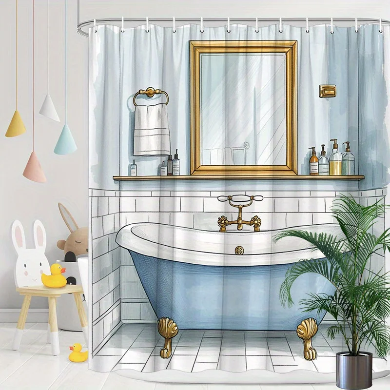 Cortina de ducha para bañera con patas de garra azul claro: arte digital elegante, accesorios de latón y azulejos de metro, poliéster, lavable a máquina