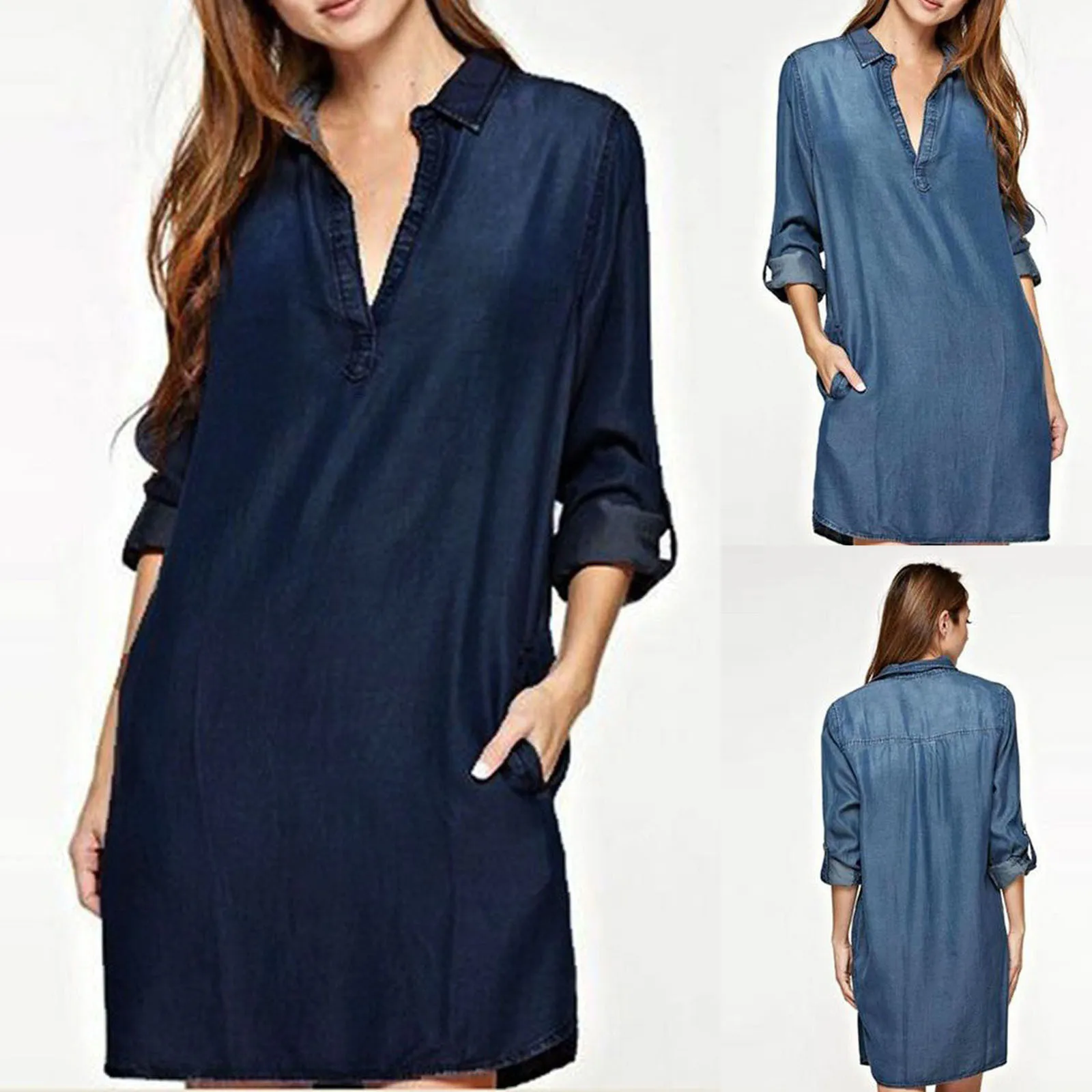 Denim Dress For Women 2024 Casual Autumn Blue V-Neck Long Sleeve Mini Dresses Plus Size Washed Denim Shirt Dresses Vestidos