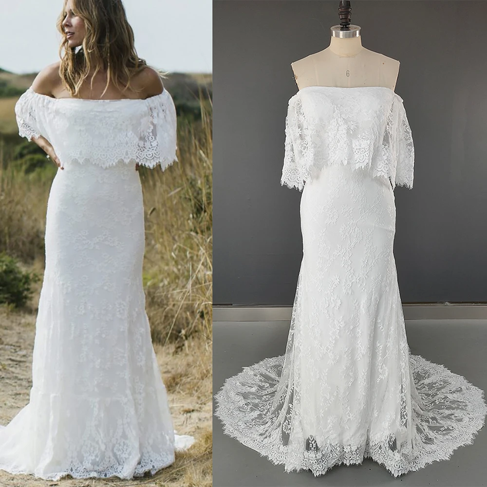 Off Shoulder Boho Lace Rustic Destination Mermaid Customized Wedding Dress Bohemian Plus Size Long Photography Bridal Gowns