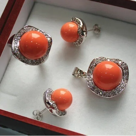 

Rare Fine Charming Jewellery pink Coral color shell pearl earring ring pendant necklace NO BOX