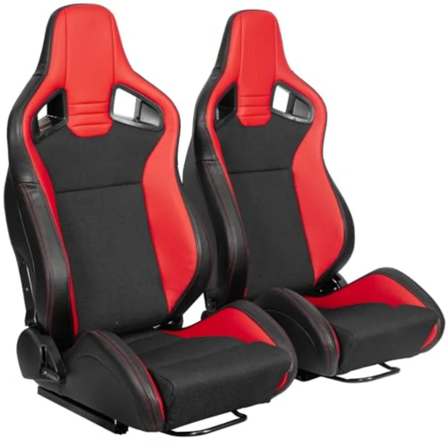 

Универсальная пара гоночных сидений серии V2, красная ПВХ кожа, черная сетка, блестящая ткань, центр, спортивные откидные сиденья для автомобилей