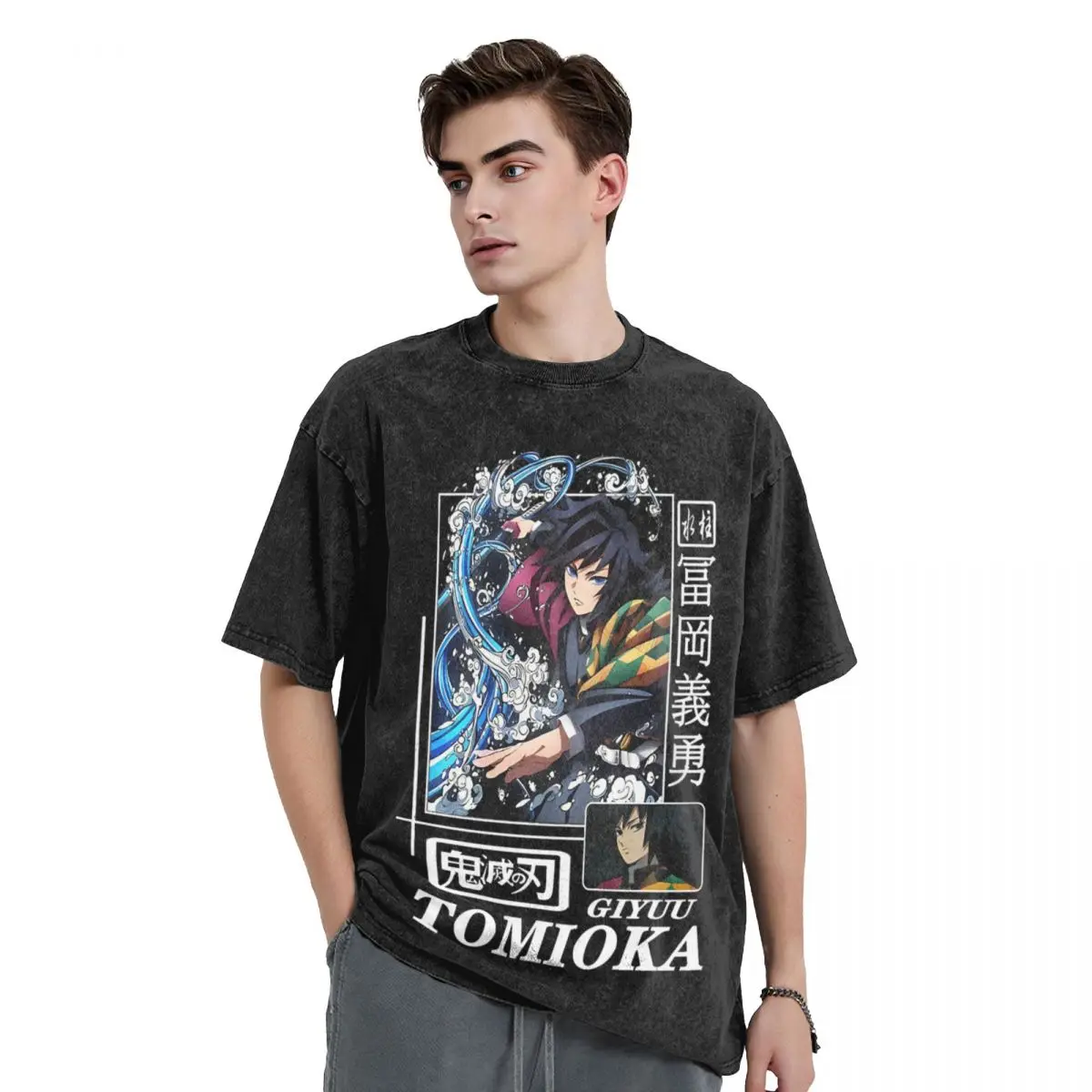 Anime Demon Slayer Manga Washed T Shirt Streetwear T-Shirts Tomioka Giyuu Tees Tops Men Women 100% Cotton Harajuku Summer