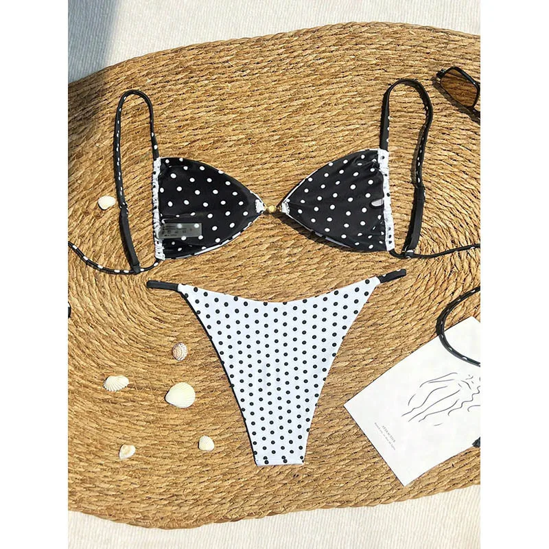 Sexy polka dot print branco micro biquínis define duas peças volta gravata contas maiôs conjunto de biquíni biquini tankini