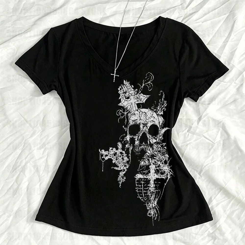 Skeleton crop top with independent pattern printed short sleeved T-shirt for women, 2000s Aesthetic Mall Goth E-girl Gothic T-sh
