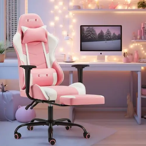 Pink-White Ergonomic PC Massage Gaming Chair | Reclining Racing PU Leather, Swivel Rocker, Headrest, Lumbar Pillow
