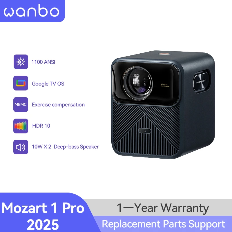 Wanbo Mozart 1 Pro Google TV Projector,1200 ANSI,Online 4K,HDR10,MEMC,20W Speaker,HDMI 2.0,ASA 3.0,32dB Low Noise