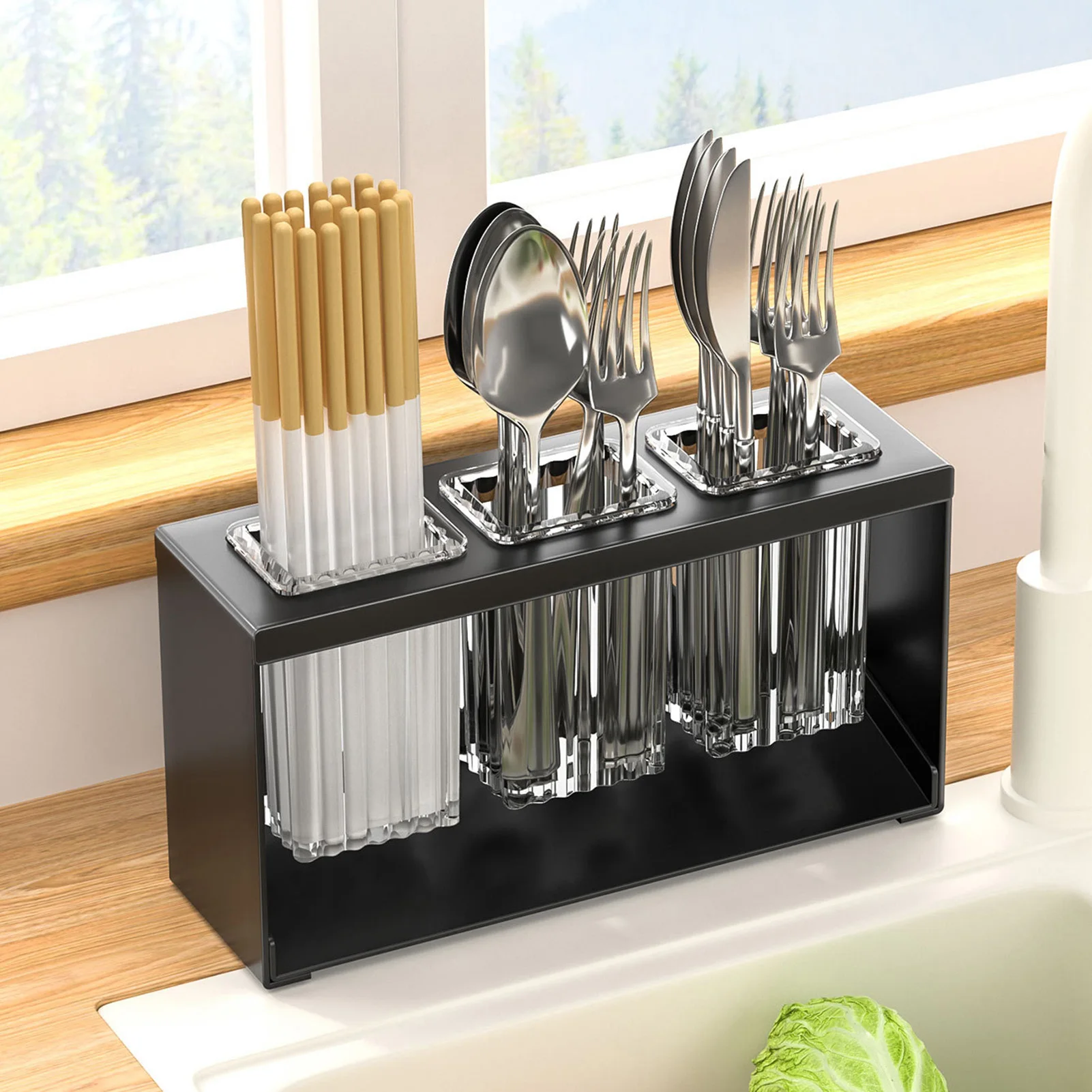 Carbon Steel Kitchen Utensil Holder with Automatic Drain System 3 Divided Compartment Suitable for Fruit Knives Scissors