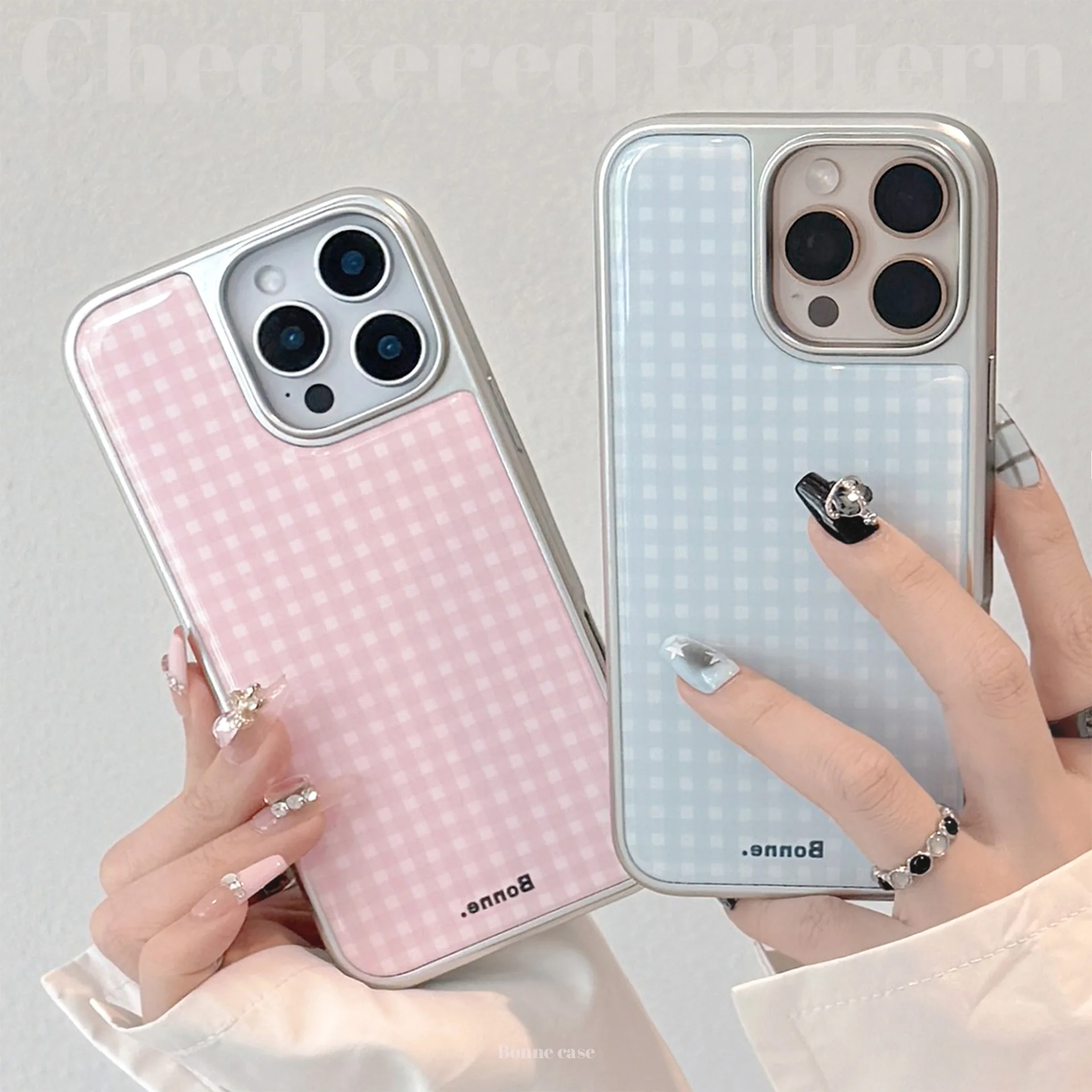 Korean Pink Blue Plaid Drop Glue Silver Edge Plating Phone Case for iPhone 17 Air 16 15 14 13 12 Pro Max Shockproof Hard Cover - view 3