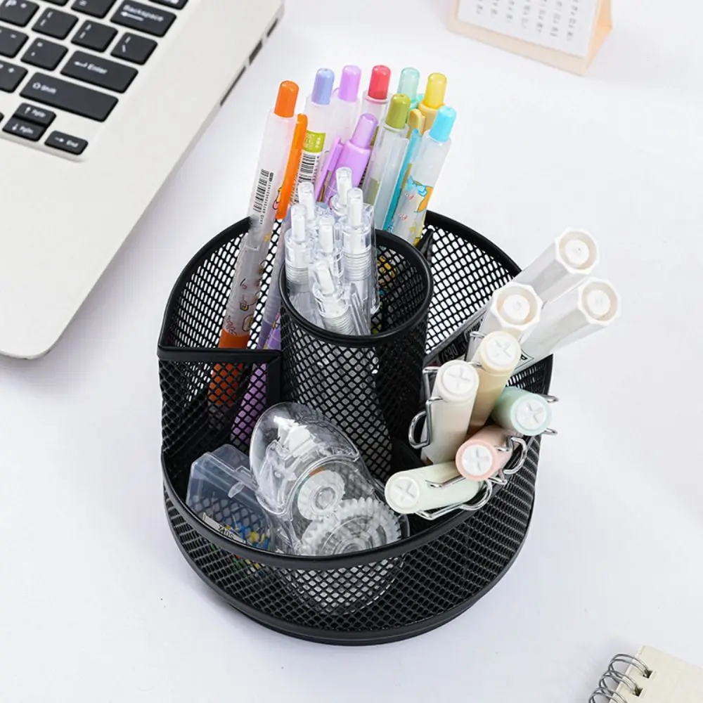 Multi-functional Rotating Pen Holder 360-degree Free Rotation Black Desktop Storage Box Metal Mesh Convenient Pencil Holder