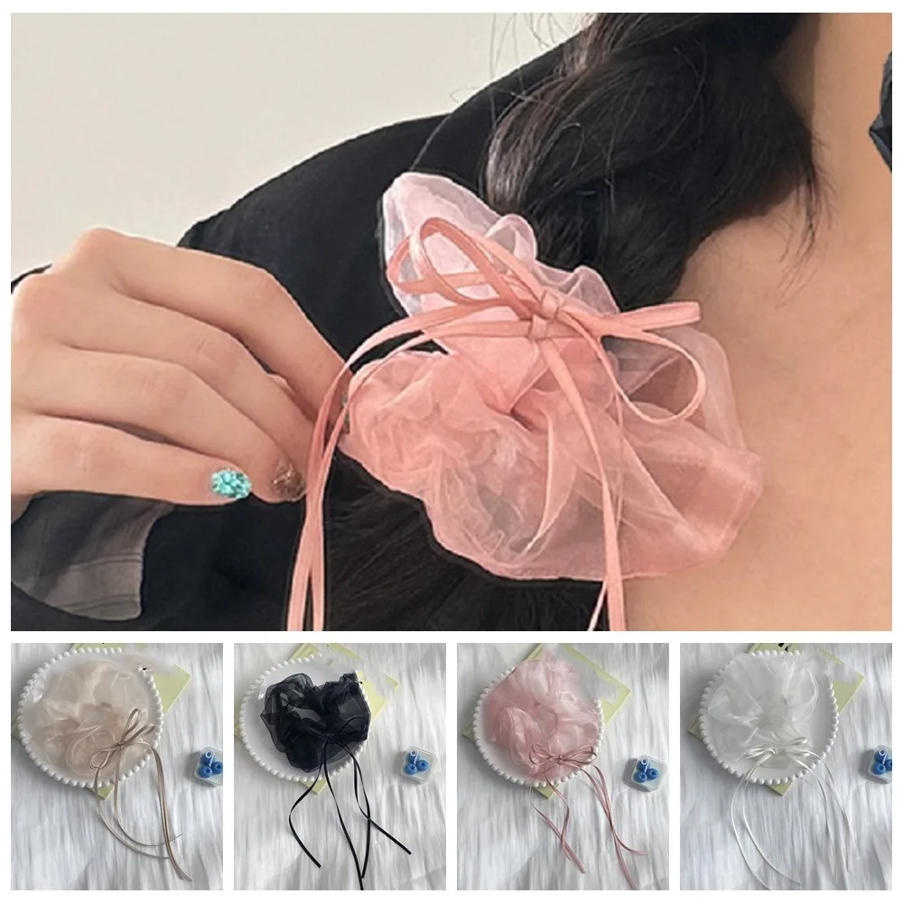 Feestruches Ontwerp Organza Haarcirkels Wasbaar Elastisch Lang lint Strik Scrunchies Zacht Romantisch Haarelastiekjes Dagelijks