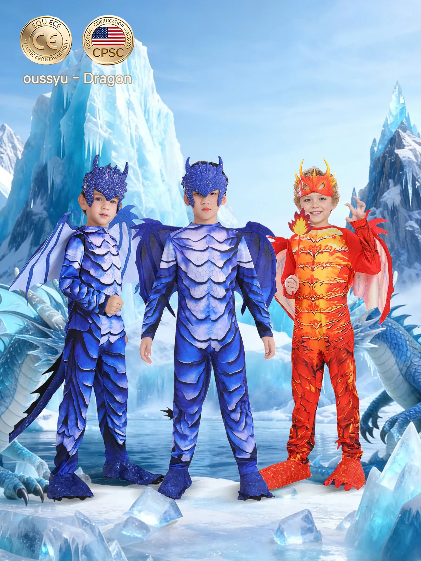

High Quality Children Flame Dragon Ice Frost Dragon Cosplay Jumpsuit Boy Christmas Carnival Halloween Activity Party