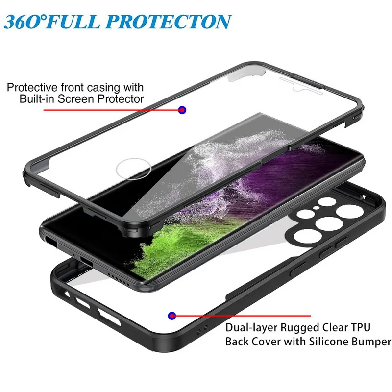 Luxury Clear 360 Full Body Case For Samsung S23 S22 Ultra S21 FE Plus A53 A52 A72 A32 A12 A13 A33 5G Front+Back Protective Cover