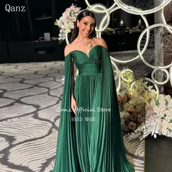 Qanz Green Arabic Cape Sleeves Evening Dresses Gowns Long A Line Formal Occasion Vintage Dress Women Elegant Party Customized