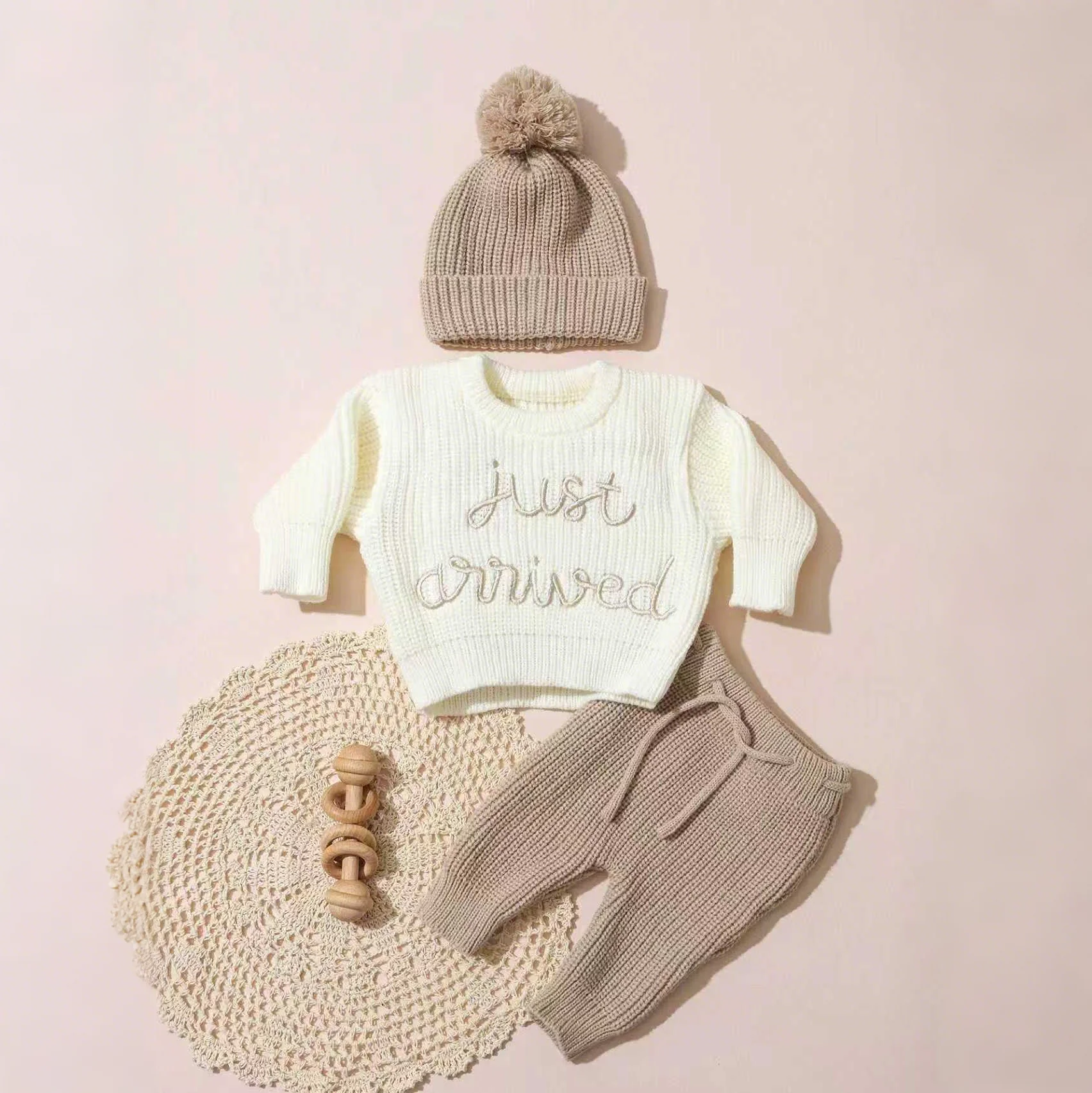 Ylsteed 3 Pcs Set Knitting Newborn Boy Photography Clothes "Just Arrived" Embroidery Khaki Baby Outfits Sweater Baby Shower Gift