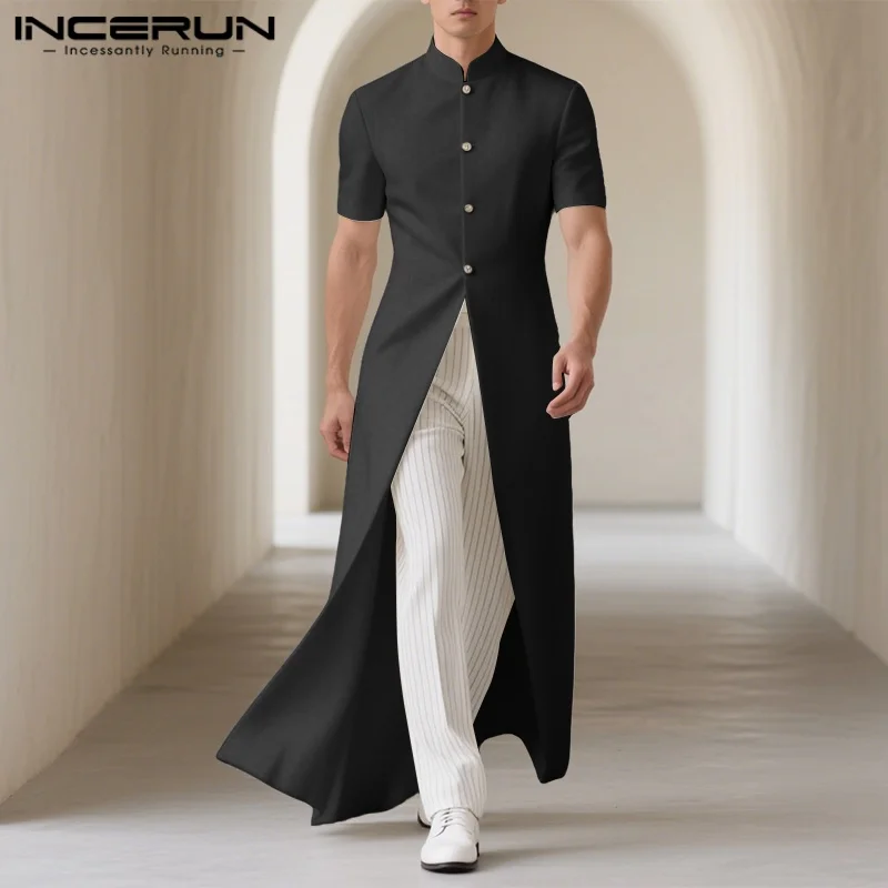 INCERUN Men Long Style Shirt Solid Color Stand Collar Short Sleeve Male Cardigan Tops Streetwear 2025 Fashion Men Clothing S-5XL
