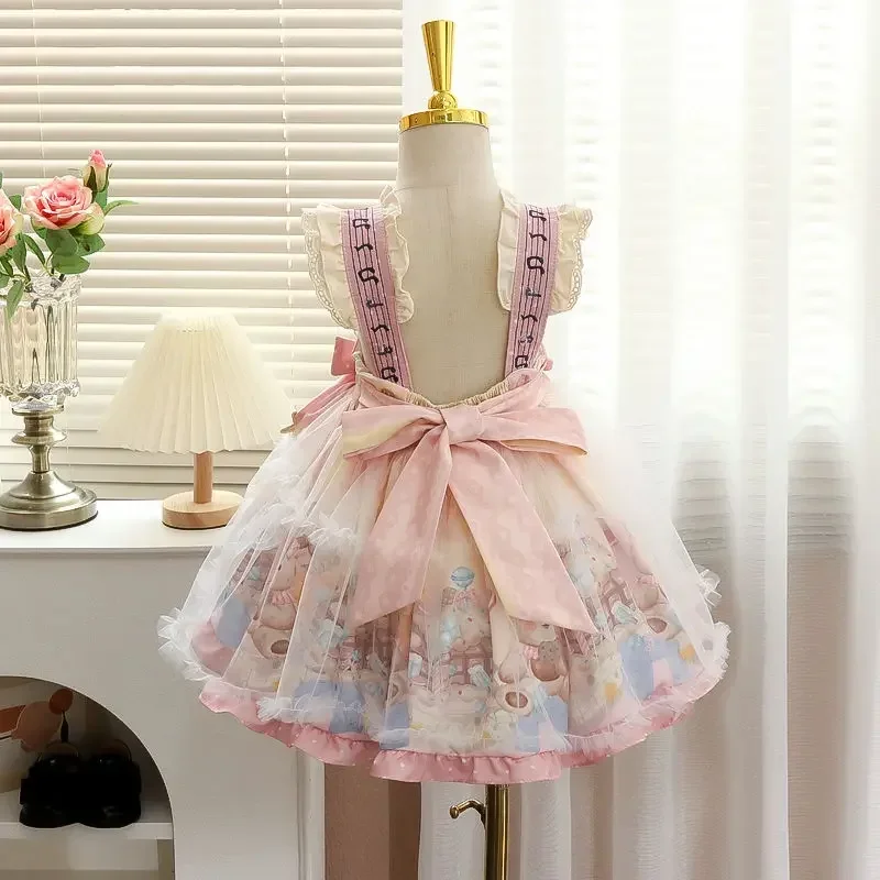 

Girls Spanish Cartoon Print Backless Suspenders Dresses Toddler Princess Lolita Ball Gown Infant Birthday Clothes Baby Baptism