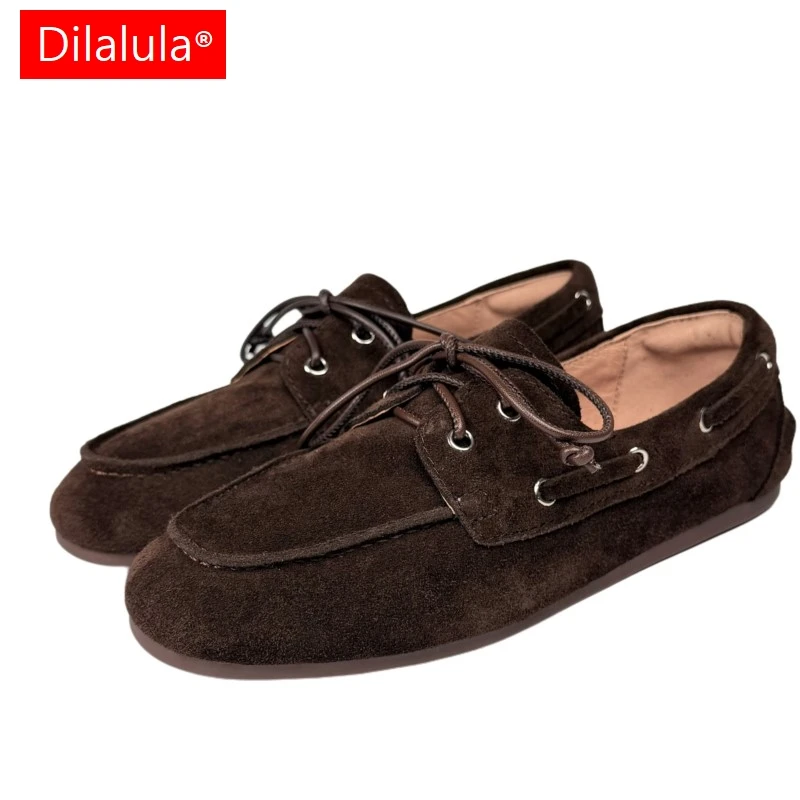 Dilalula 2026 Hot Sale Natural Leather Lace Up Loafers Women Sewing Casual Boat Shoes Female Flat Heel Pumps Lady Walk Flats