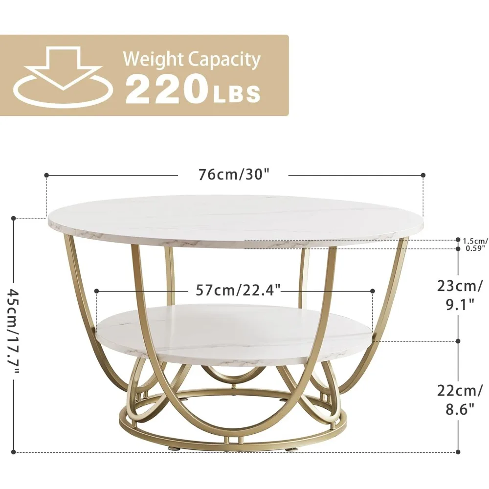 Round Coffee Table, 30 Inch Modern Coffee Table for Living Room,Gold Coffee Table with Storage, Wooden Tabletop-Marble