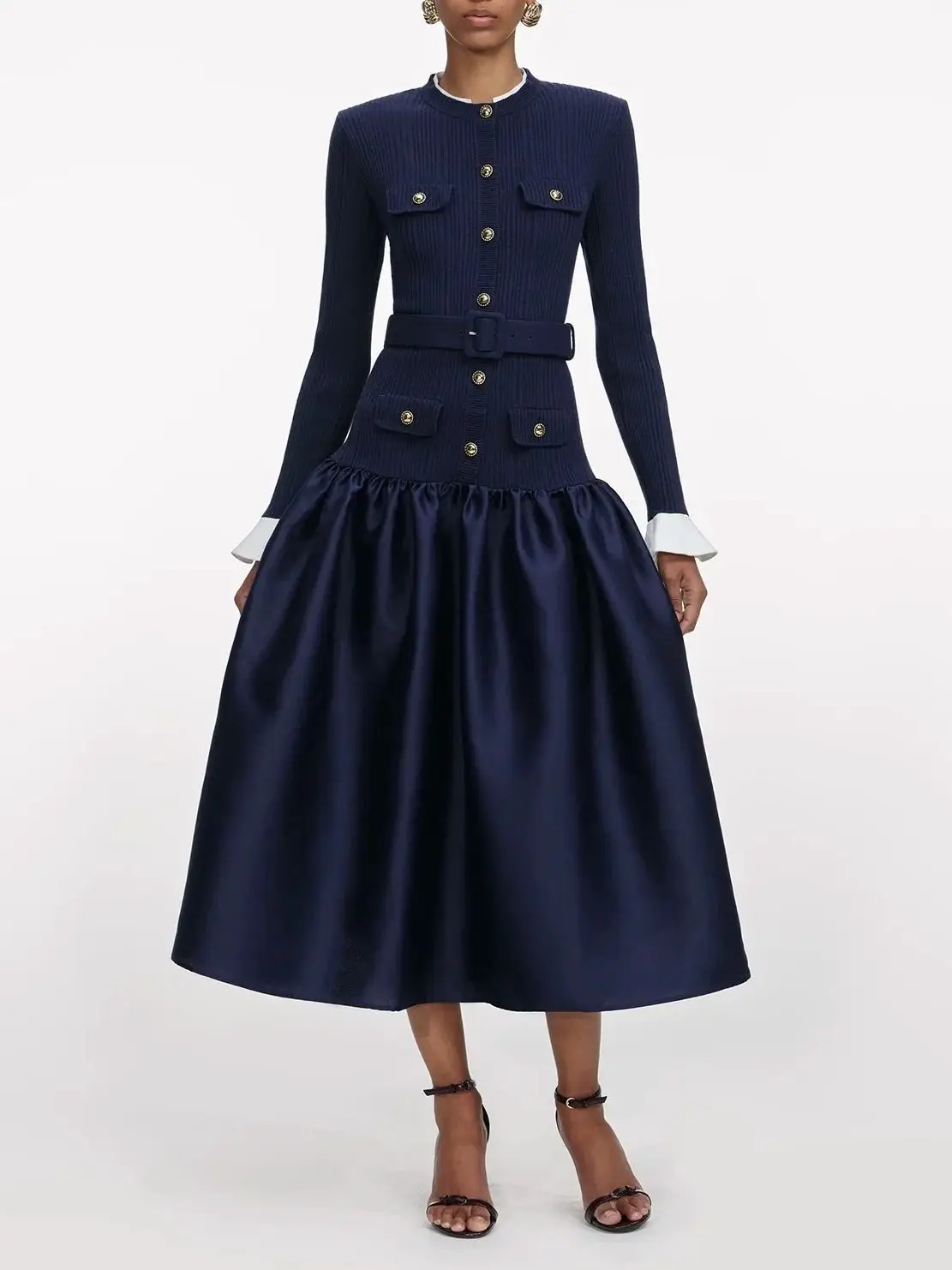 Dames gebreide satijnen patchwork lange jurk flare mouw ronde hals mode dames gewaad