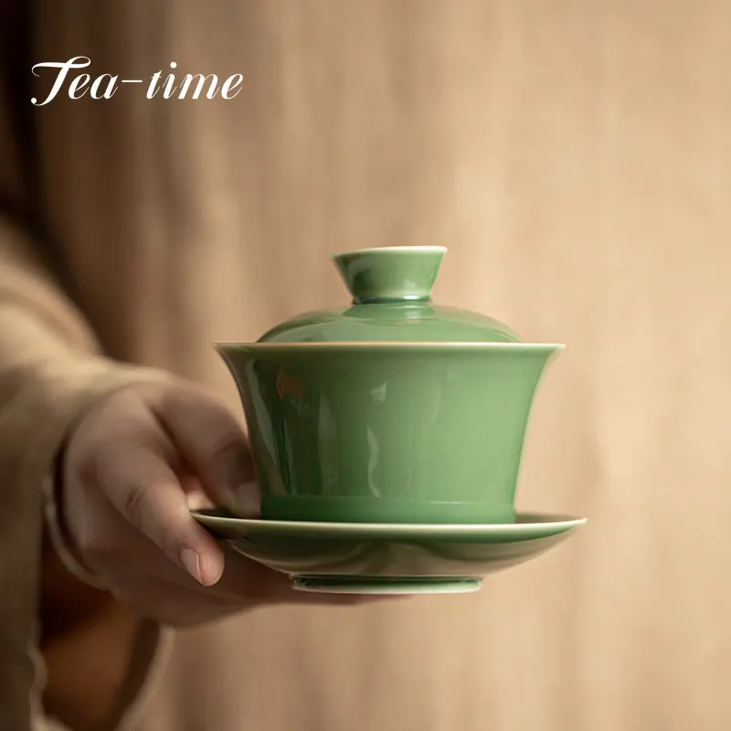 

180ml Green Glass Glaze Sancai Tea Cup Japanese Tea Maker Cover Bowl Ceramic Gaiwan Portable Kung Fu Tea Set Tea Bowl with Lid