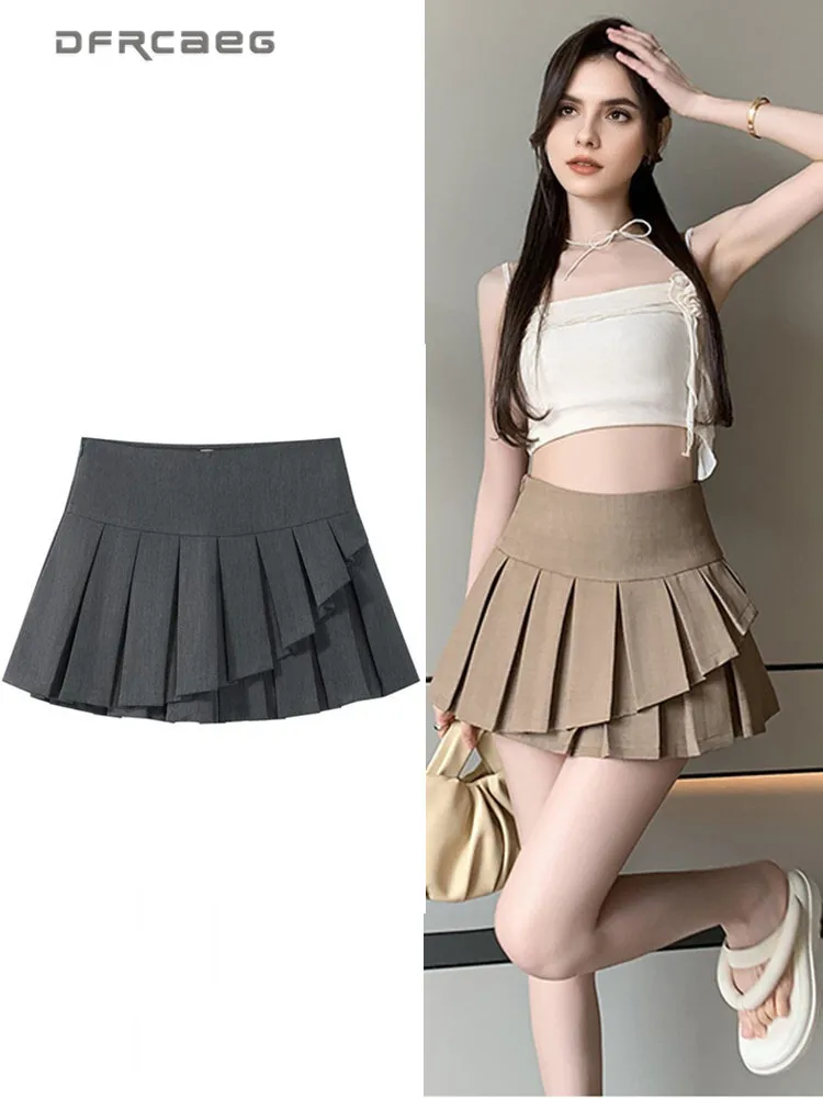 

College Style Asymmetrical Pleated Skirt For Women High Waisted Casual Sweet Suit Fabric Short Skirts Woman