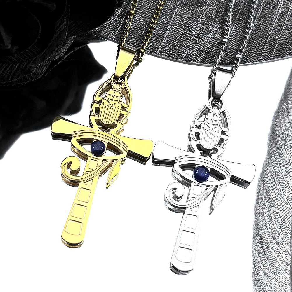 

Egyptian Scarab Ankh Cross Pendant Necklaces for Women Men Stainless Steel Eye of Ra Horus Symbol Opal Stone Chain Jewelry Gift
