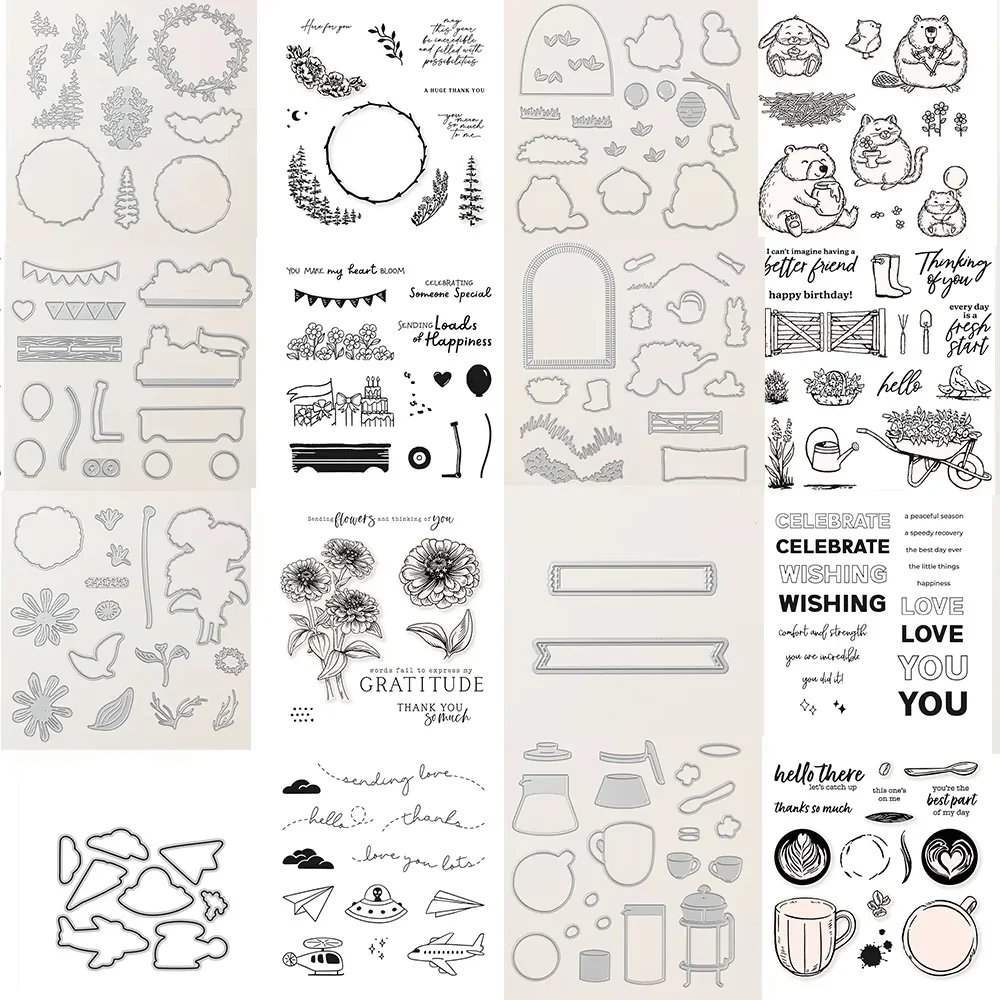 Voller Spaß: Sets mit transparenten Stempeln und Metall-Stanzformen für DIY-Bastelarbeiten, Kartenherstellung, Fotoalben, Scrapbooking und Dekoration.