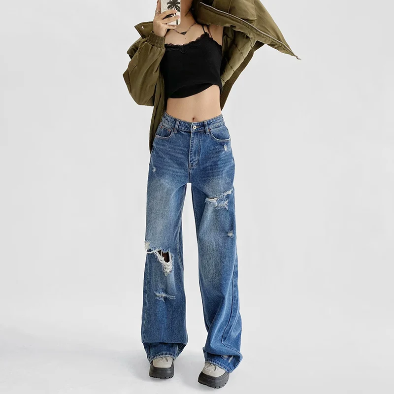 High Waist Torn Loose Wide Leg Jeans Women's Faion Casual Spring 2025 Floor-Length Denim Pants Women's Premium Clothing