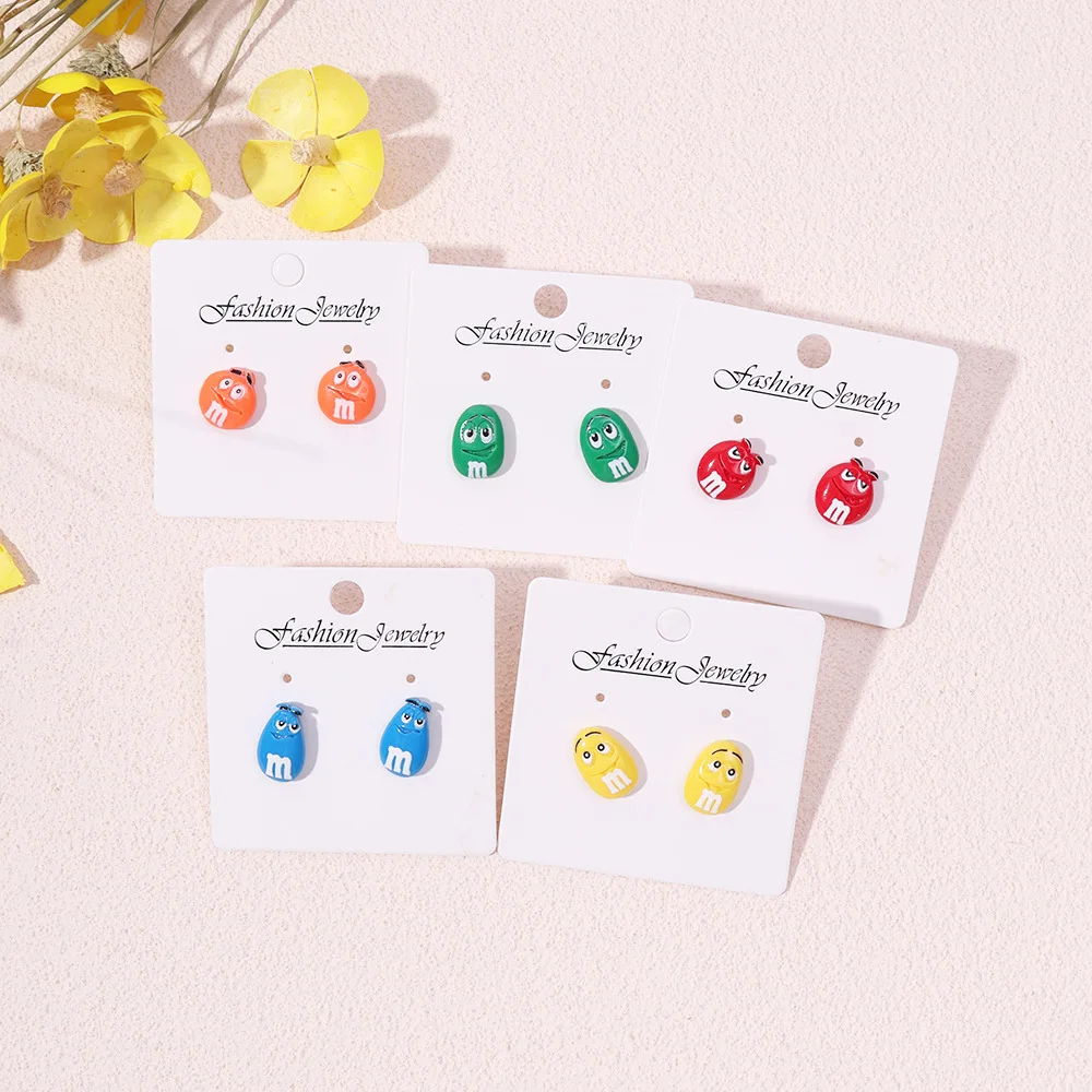 Kawaii Resin Smile M Candy Colored Chocolate Beans DIY Mock Food Women's Earrings Fancy Jewelry Gift for Her Fashion Accessories