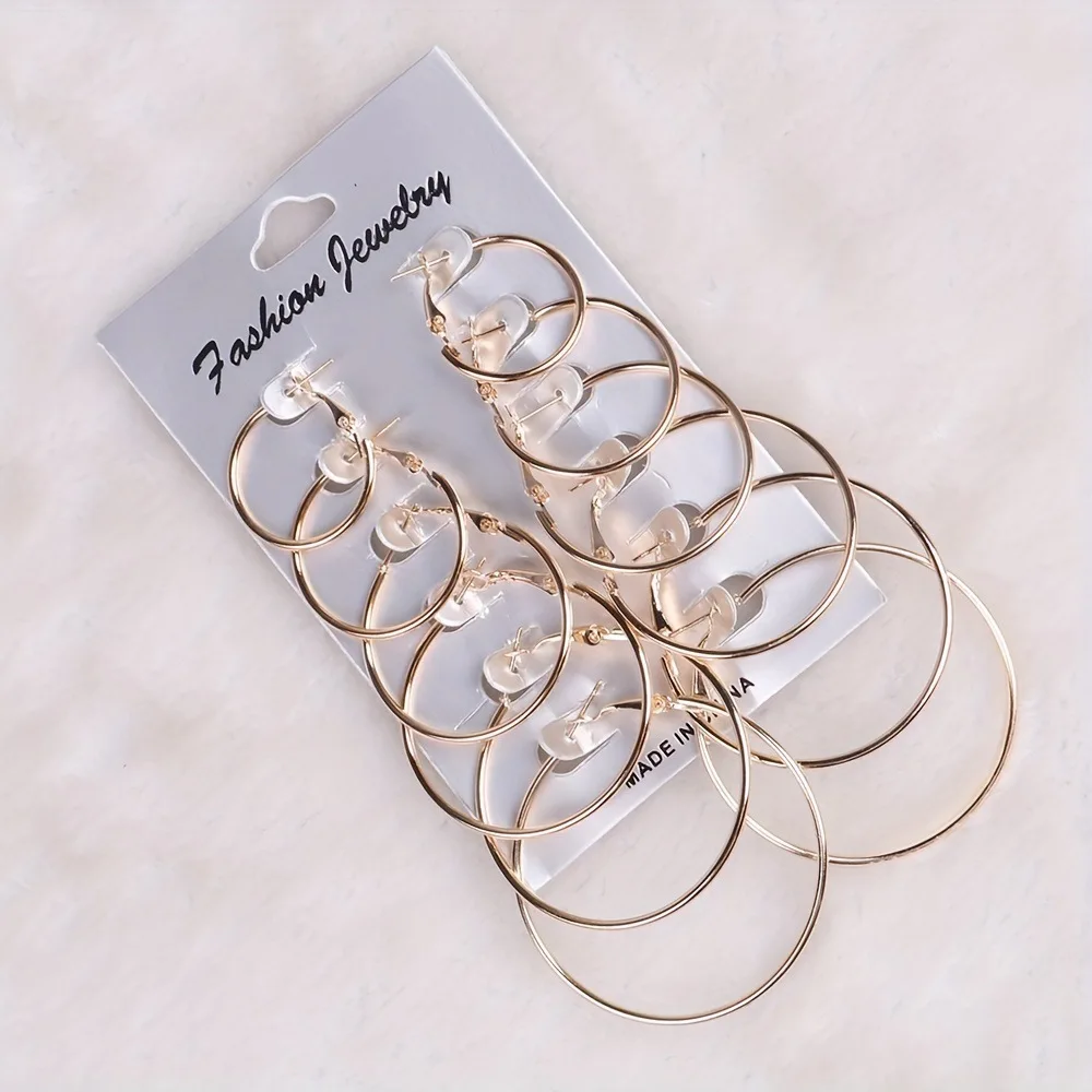 Black Fashion Needle Buckle Earrings Classic Versatile Personality Exaggerated Metal Exaggerated Simple Size Loop Earring Set