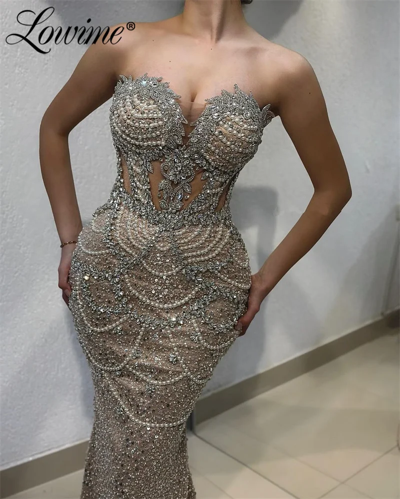 Lowime 2024 Champagne Arabic Dubai Evening Dress Luxury Crystal Tassels Mermaid Prom Dresses Robes De Soirée 2 w 1 Party Gowns