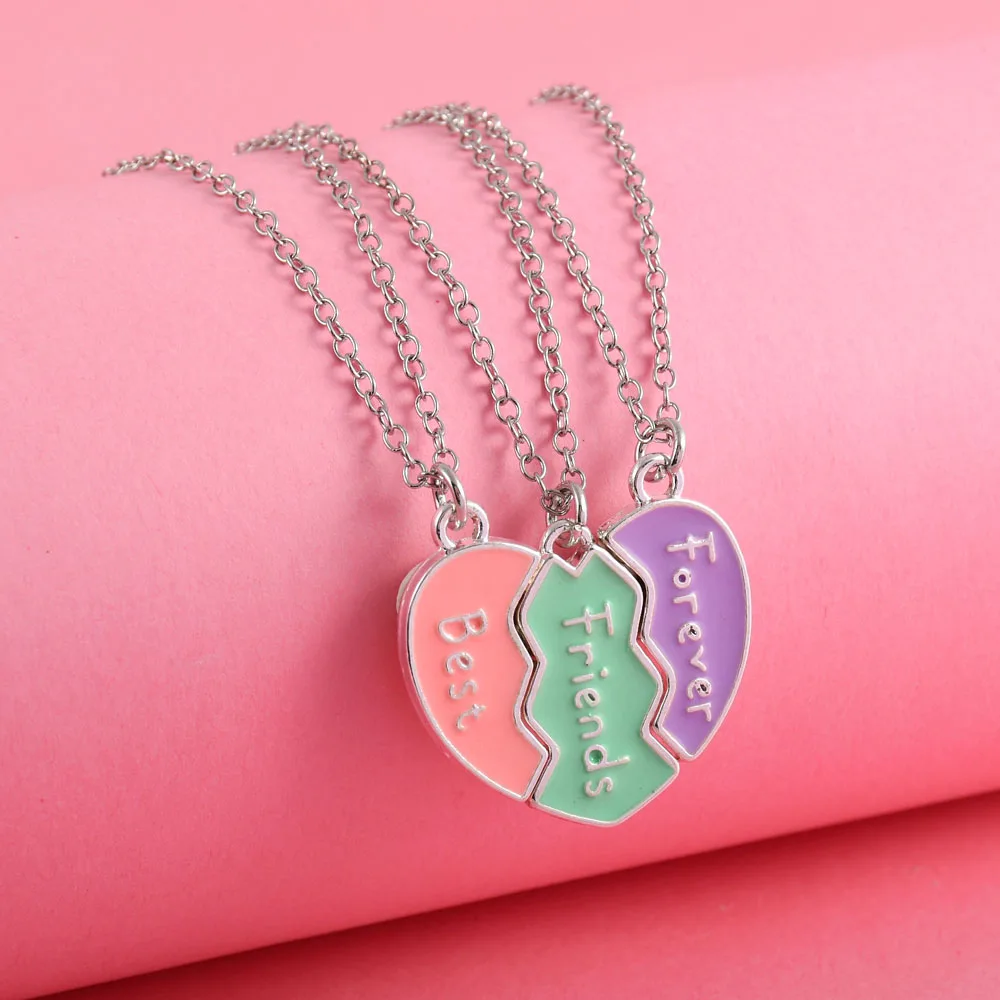 A Girl 3Pcs/set Heart-shaped Stitching Letter Best Friend Necklace BFF Friendship Jewelry Gifts for Girls