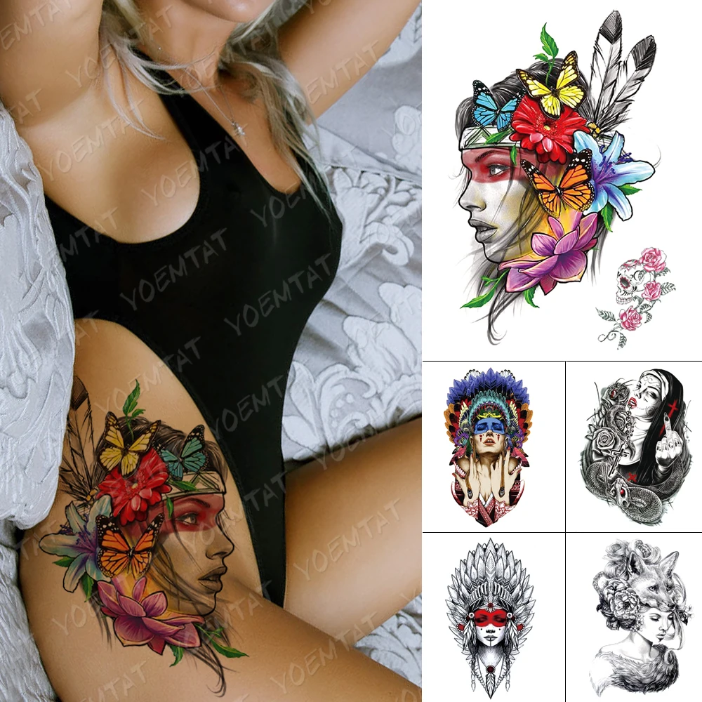 

Waterproof Temporary Tattoo Sticker Butterfly Flowers Indian Girl Flash Tattoos Color Feathers Body Art Arm Fake Tatoo Women Men