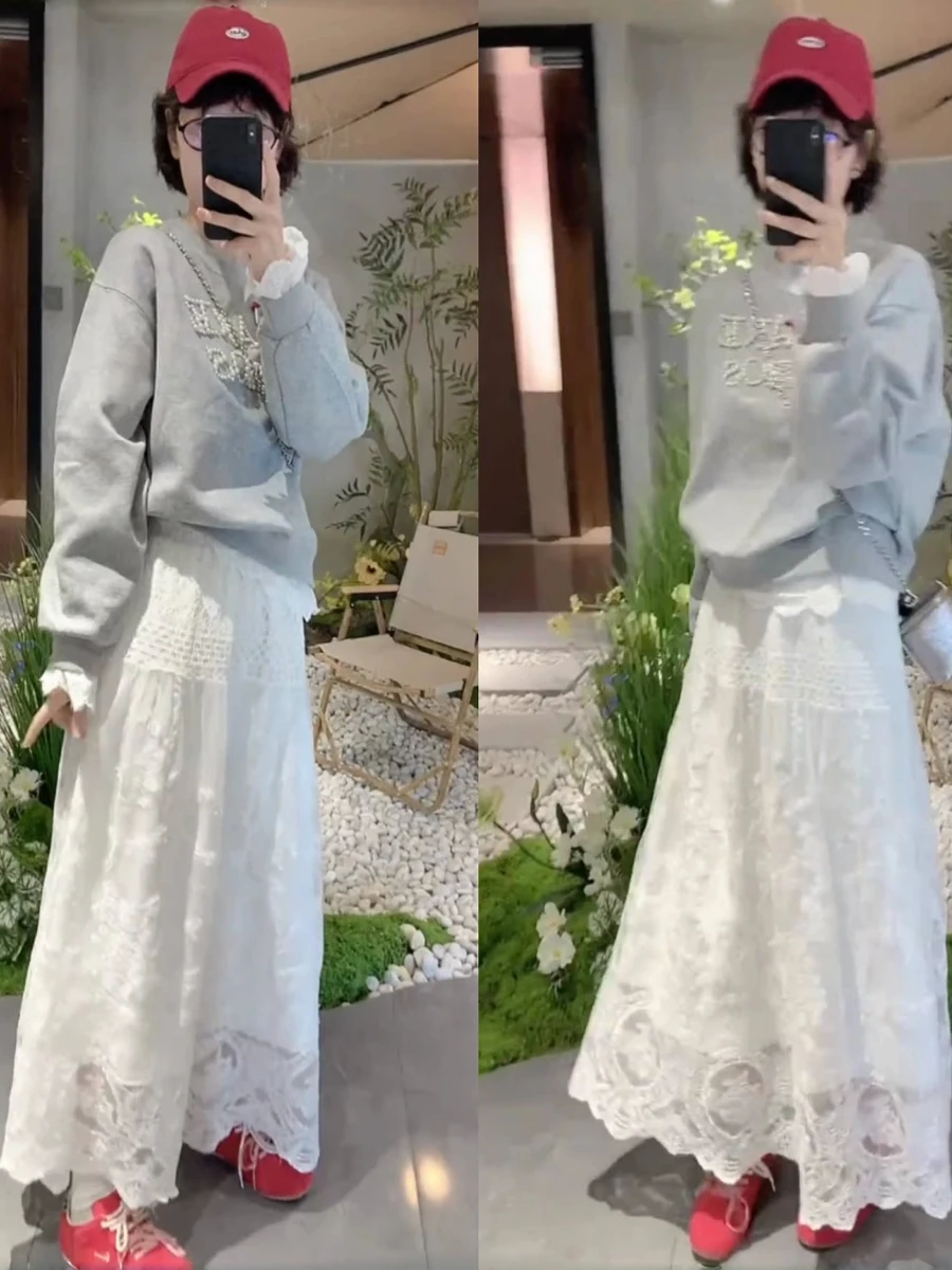 Ele Lace Splice A-Line  Skirt Women's Faion Slimming Design White f-length Skirt Casual Straight Tube Summer Thin