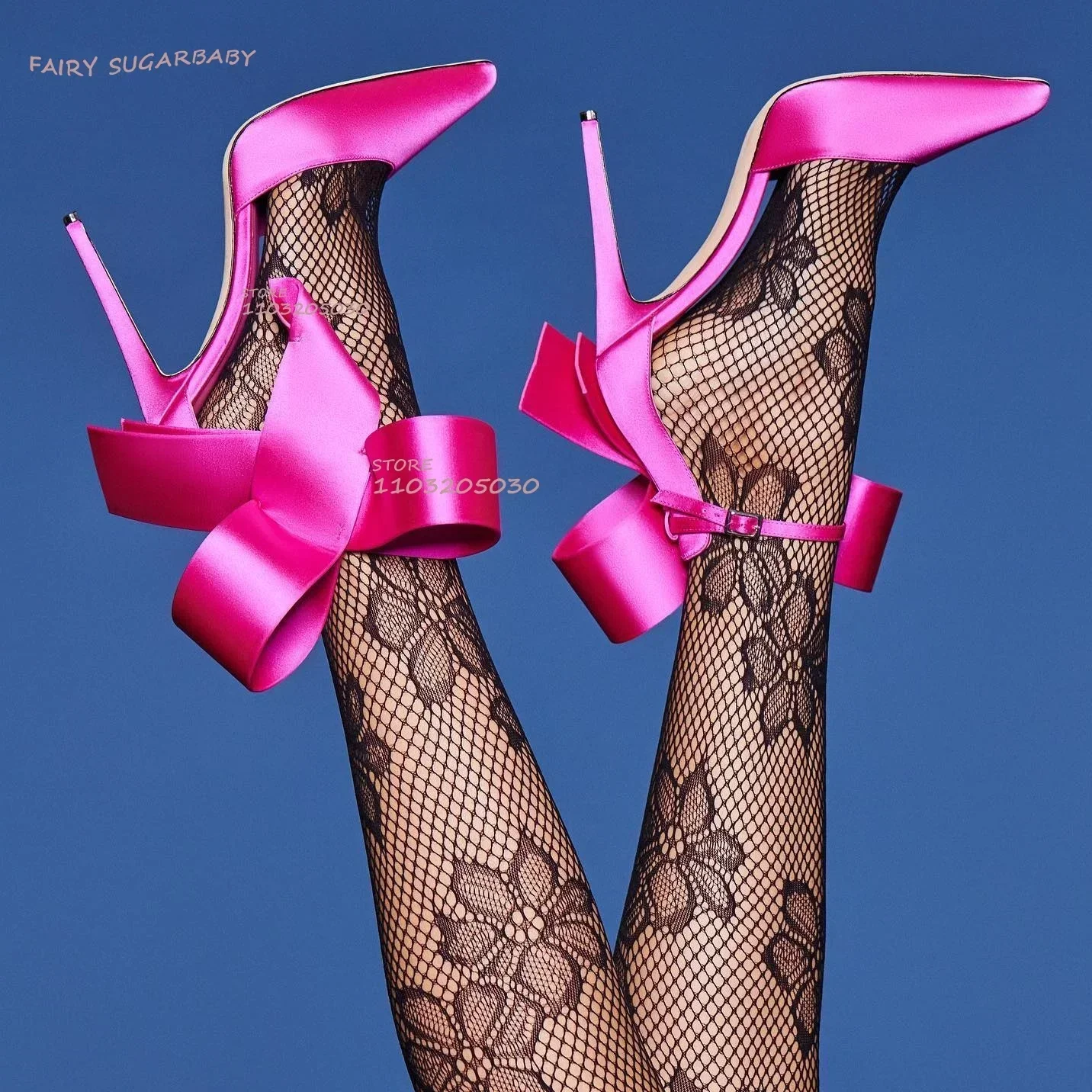 Silk Rose Red Shiny Bow Sandals Women Sexy Pointed Stiletto Purple Silk Cute Girls Ankle Straps Wings Party Buckle Bling Shoes view 5
